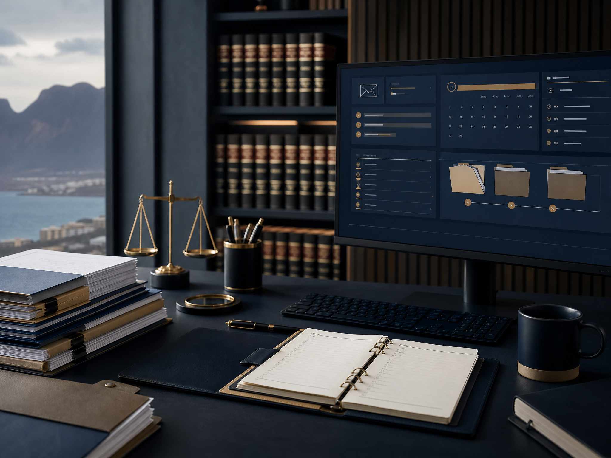 Mesa de trabajo jurídico con calendario, expedientes y sistema de seguimiento procesal para controlar plazos y notificaciones.