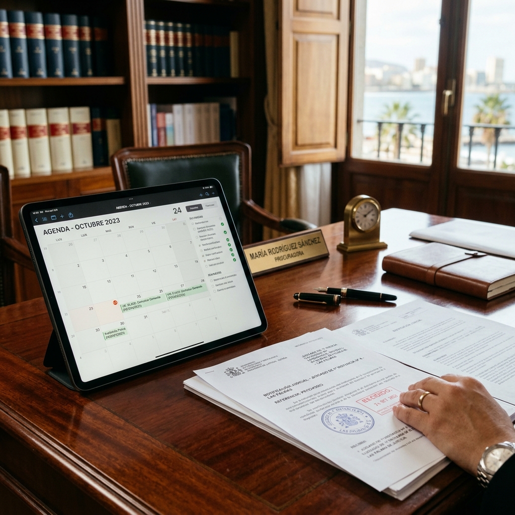Seguimiento de notificaciones judiciales y control de plazos procesales con sello judicial y agenda telemática.